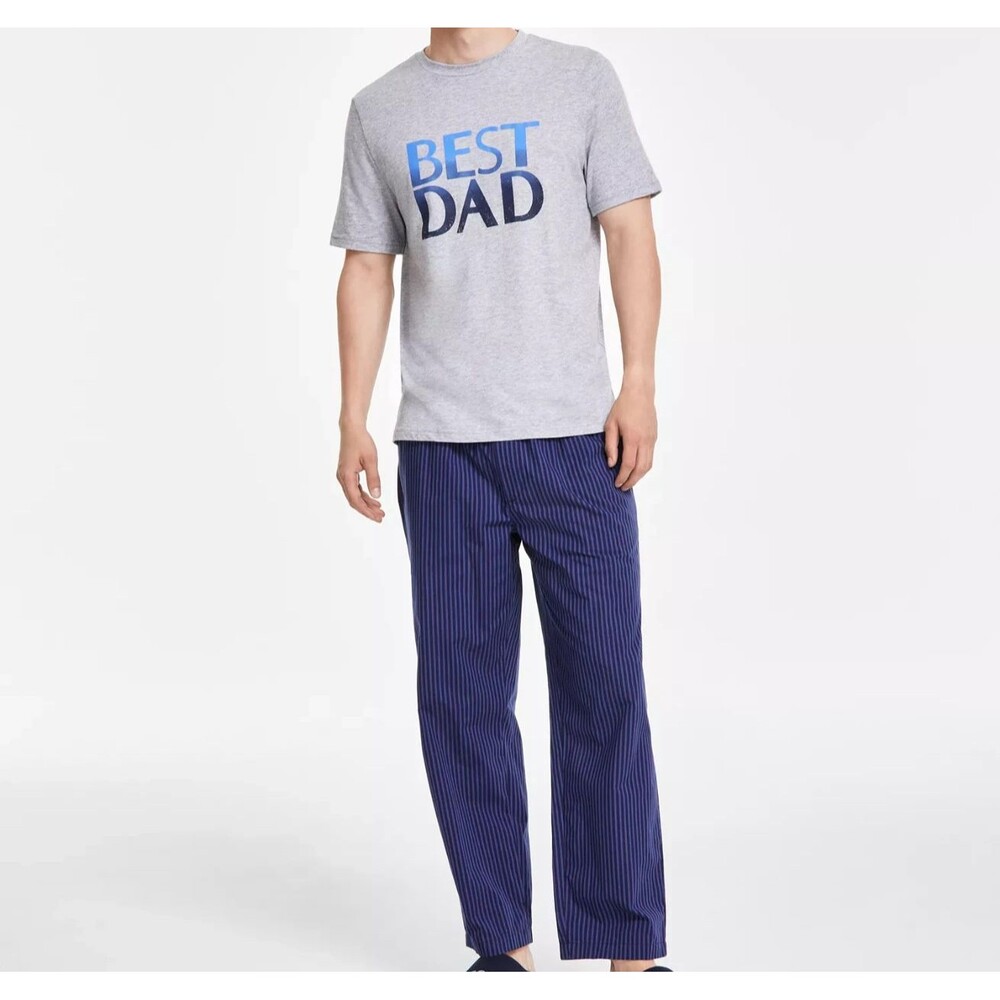 CLUB ROOM Pajama Set Mens Medium Grey Best Dad Graphic Stripe Pants Pjs Set